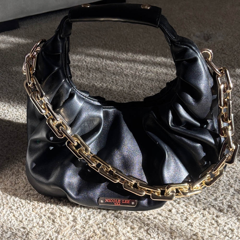 Nicole Lee Black Hobo Bag with Gold Chain Strap